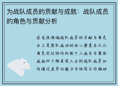 为战队成员的贡献与成就：战队成员的角色与贡献分析