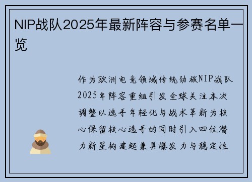 NIP战队2025年最新阵容与参赛名单一览