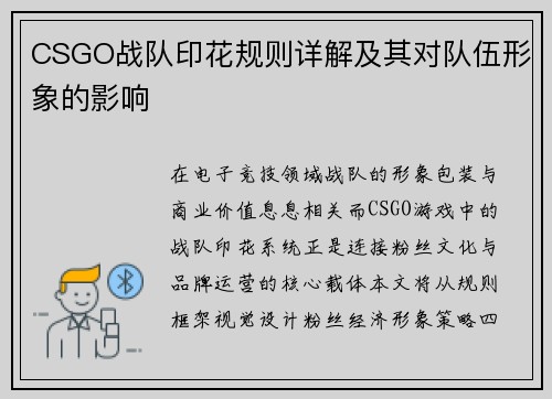 CSGO战队印花规则详解及其对队伍形象的影响